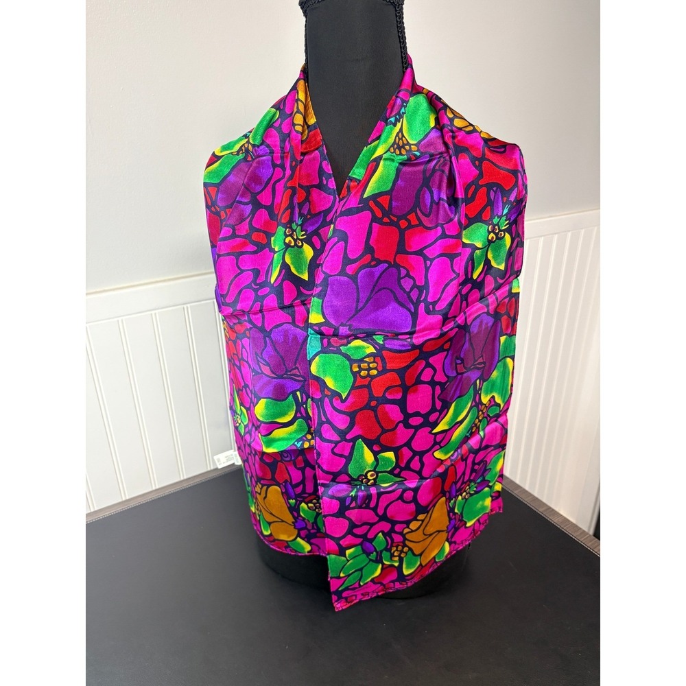 Liz Claiborne Vintage Silk Scarf Multicolored Floral Mosaic Print 52X11 Japan
